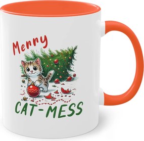 Narancssárga bögre nyomtatott karácsonyi rendetlenség macska cicával Merry Cat-Mess