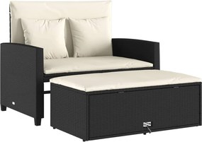 vidaXL 2 személyes fekete polyrattan kerti kanapé párnával