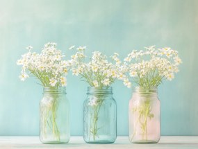 Vászonkép Canvas Dekoráció Színes Befőttesüvegek Fehér Virágok Tavasz 100x75