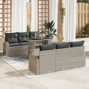 7 darabos kerti kanapé szett párnákkal, világosszürke poli rattan, 2 személyes kerti kanapé tárolóval és párnákkal, világosszürke poli rattan