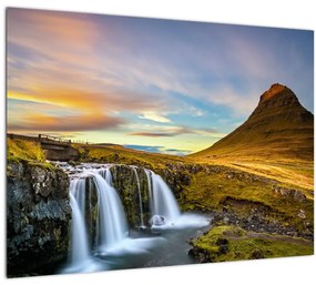 Kép a hegyekről és vízesésekről Izlandon (üvegen) (70x50 cm)