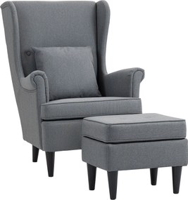 HOMCOM Szárnyas Fotel Puffal, Modern Karfás Fotel Lendületes Vászon Hatással, Deréktámasz Párnával, Pihentető Szék Kényelmes Karfával a Nappaliba Szür