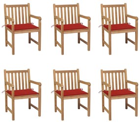 vidaXL 6 db tömör tíkfa kerti szék piros párnákkal