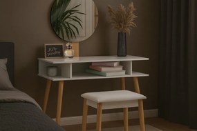 Fehér retro fésülködőasztal kerek tükörrel és ülőkével 75 x 45 x 129,5 cm