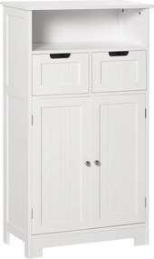 Kleankin Fürdőszobaszekrény 2 Ajtóval, Állítható Polccal, 2 Fiókkal és Nyitott Térrel - 60x30x108,8 cm - Fehér | Aosom