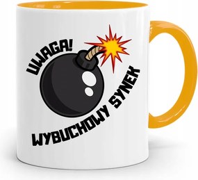 Sárga Bögre Ajándék Fiúnak Figyelem Robbanékony Fiú fényképes nyomtatással