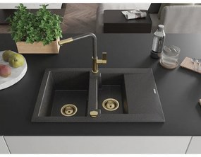Mexen Gaspar, 1,5 kamrás gránit mosogató 737x475x177 mm és Flora mosogató csaptelep, fekete foltos, 6507-76-670401-75-G