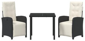 3 darabos kerti étkezősor párnákkal fekete poli rattan, kerti asztal fekete 80x80x73 cm edzett üveggel
