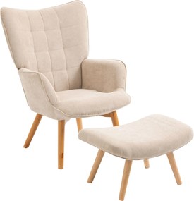 HOMCOM Fotel Ottomannal, Magas Hátú Sárkányfotel, Fa Lábakkal, Design Fotel Tűzött Szerkezettel, Kordbársony Hatással, Nappalira, Bézs | Aosom