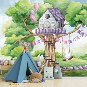 Gario Fotótapéta Ház fehér nyulak egy fán Anyag: Vlies, Méret: 400 x 280 cm