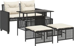 vidaXL 4 részes fekete polyrattan üveg kerti ülőgarnitúra párnával