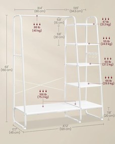 Ruhatartó állvány cipőtartóval, 5 szintes tárolópolccal, 45 x 120 x 160 cm, fehér