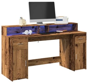 antik fa színű szerelt fa íróasztal LED-ekkel 160 x 55 x 91 cm