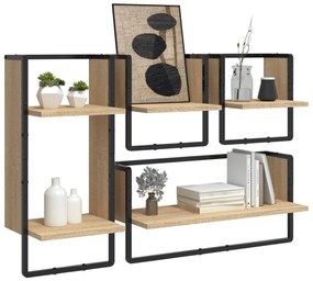 4 részes sonoma tölgy színű szerelt fa fali polc szett rúddal