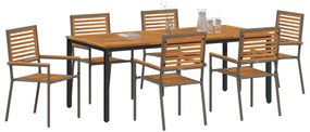 7 darabos Kerti Étkezőszett Szürke Poli Rattan Akác, Egymásra rakható Kerti Székek párnákkal 2 db Szürke Poli Rattan, Kerti Asztal 200x90x75 cm Szilárd Akác Fa és Fém