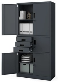 Fém iratszekrény széffel és fiókokkal FILIP II, 900 x 1850 x 400 mm, szürke
