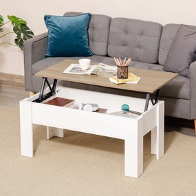 HomCom Emelhető Tetővel Bíró Dohányzóasztal Rejtett Tárolóhellyel 100x50x45-58.5 cm Fehér és Természetes | Aosom