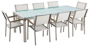 Nyolcszemélyes étkezőasztal repedezett üveglappal és fehér textilén székekkel GROSSETO Beliani