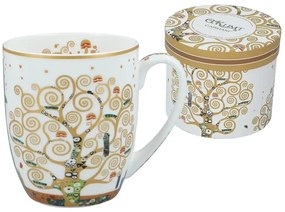 Porcelán bögre 400 ml fém díszdobozban Klimt Életfa fehér arany mintás