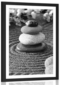 Poszter paszportuval zen kövekből álló piramis fekete-fehérben