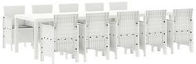 11 Darabos Kerti Étkező Szett Párnákkal Fehér Polirattan, Kerti Asztal Fehér 150x100x73 cm Polirattan, Kerti Székek Párnákkal 2 db Fehér Polirattan, Kerti Székek Párnákkal 4 db Fehér Polirattan