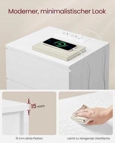 Éjjeliszekrény, oldalasztal 3 fiókkal, 2 AC aljzattal és 2 USB porttal, fehér