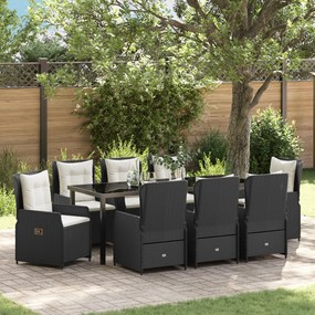 9 Darabos Kert Étkező Szett Fekete Poly Rattan, Kert Asztal Fekete 200x80x73 cm Edzett Üveg