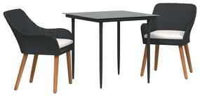 vidaXL Kert étkező szett párnával 3 pcs Fekete polirattan