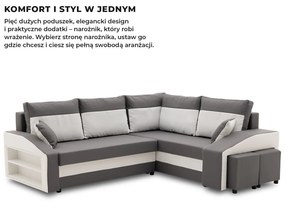 Grande sarokkanapé polcokkal és puffokkal , polc a bal karfaban puffok a jobb karfaban, jobboldali, szövet anyag, hab töltet, szürke - fehér