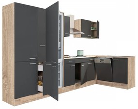 Yorki 370 sarok konyhablokk sonoma tölgy korpusz,selyemfényű antracit fronttal polcos szekrénnyel és alulfagyasztós hűtős szekrénnyel