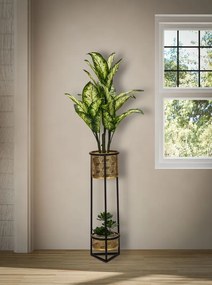 Arany színű áttört 2 szintes henger virágtartó fekete fém állvány ø 23x80cm