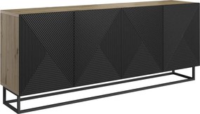 Asha négyajtós komód 200 cm - artisan tölgy / matt fekete / fekete keret
