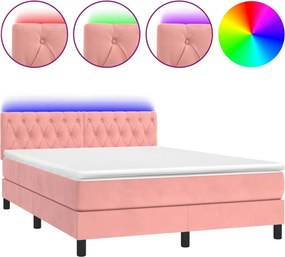 vidaXL rózsaszín bársony rugós és LED-es ágy matraccal 140x200 cm