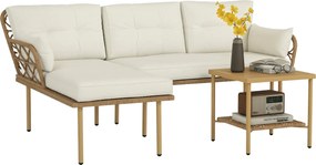 Outsunny Mesterséges Rattan Kerti Bútor Szett - 3 Részes, Kerti Bútor 1 Kétüléses Kanapé, 1 Sarokkanapé, 1 Fém Kávéfőző Asztal és UV-védelemmel elláto