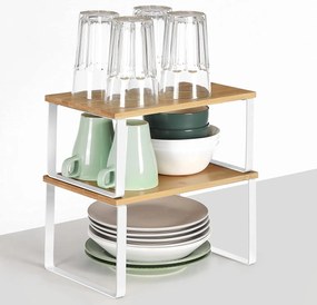 Bambusz fűszertartó, 2 db-os konyhai pult polcrendezők, natúr-fehér