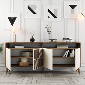 Krémszínű-natúr színű alacsony komód diófa dekorral 180x79 cm Milan – Kalune Design