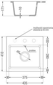 Mexen Milo, 1 kamrás gránit mosogató 435x410x171 mm és Aster mosogató csaptelep, fekete-ezüst metál, 6505-73-73450-57-G