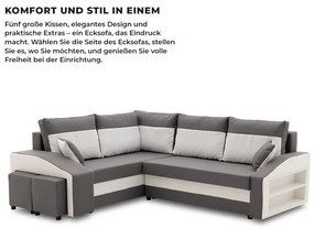 Grande sarokkanapé polcokkal és puffokkal , polc a jobb karfaban puffok a bal karfaban, baloldali, szövet anyag, bonell töltet, szürke - fehér