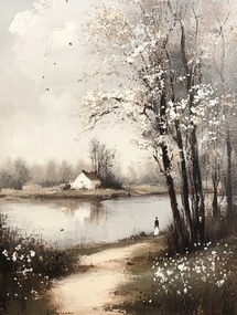 Vászonkép Canvas Tájkép Folyó Ház Fák Falu Vintage Retro 75x100