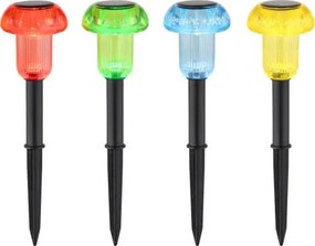 Globo 33987-4 Solar lámpa, műanyag fekete matt, műanyag átlátszó, akkumulátorral: AAA 150mAh 1,2V, IP44, ø: 62mm, M: 137mm, leszúrható tüske: 10cm, 4 db-os szett, tartozék: LED 0,05W 3V, 1-1 db piros LED, kék LED, zöld LED, sárga LED