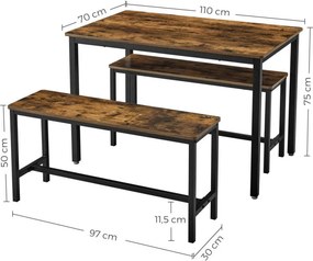 Étkezőasztal két paddal, rusztikus barna 110x70x75cm