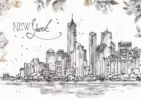 Fotótapéta New York virágok madarak felhőkarcolók stílus 400x280 +ragasztó