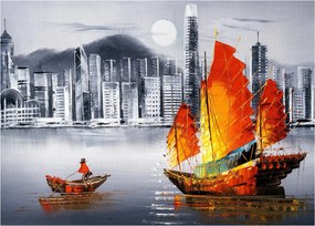 Festmény - Victoria Harbour, Hong Kong, fekete-fehér olajfestmény (70x50 cm)