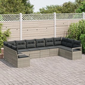 10 darabos kerti kanapé szett párnákkal világosszürke poli rattan, 2-személyes kerti kanapé tárolóval és párnákkal szürke poli rattan