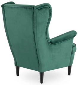 Elegáns Füles Fotel Lábtartóval Zöld Bársony Kárpittal. EVAN 2