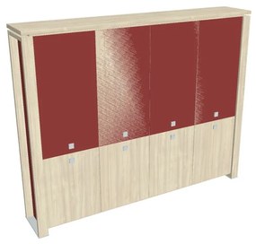 Verno+ S magas szekrény 260 x 46 x 210 cm, kombinált ajtó, akác / piros