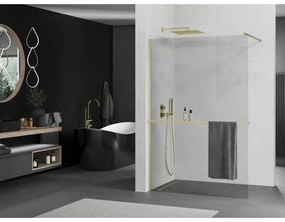 Mexen Kioto+, Walk-In zuhany paraván polccal és akasztóval 125 x 200 cm, 8 mm átlátszó üveg, arany matt profil, 800-125-121-55-00