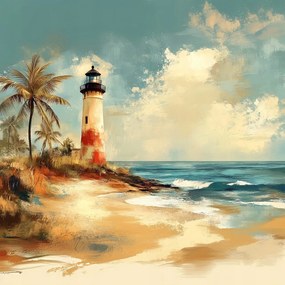 Vászonkép Canvas Világítótorony Tengerpart Hullámok Pálma Retro 80x80