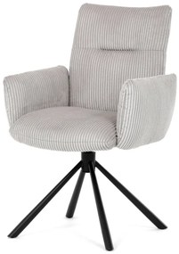 Scaun de dining rotativ, material textil tip catifea côtelată crem, mecanism rotativ 360°, picioare metalice negre.