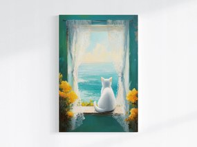Poszter Impresszió Ablak Kilátás Tenger Fehér Macska Virágok 40x60